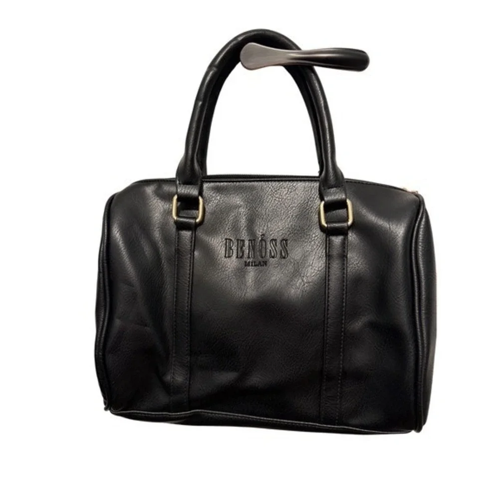 BENOSS MILAN Black Faux Leather Satchel Handbag‎ Gold Tone Hardware